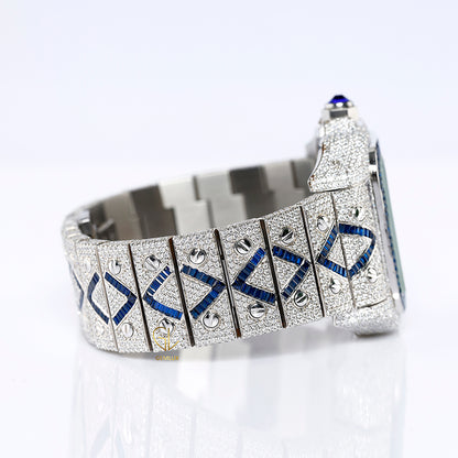 Blue Sapphire Bezel Square Roman Dial Cutomise Iced Out Moissanite Watch