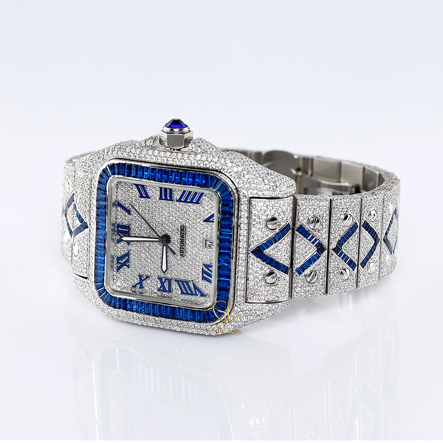 Blue Sapphire Bezel Square Roman Dial Cutomise Iced Out Moissanite Watch