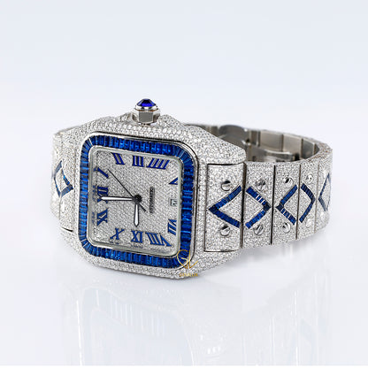 Blue Sapphire Bezel Square Roman Dial Cutomise Iced Out Moissanite Watch
