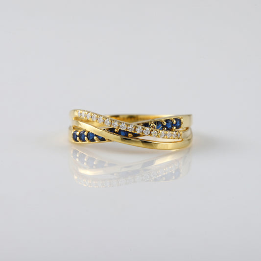 Blue Sapphire Lab Ground Round Diamond Criss Cross Engagement Ring