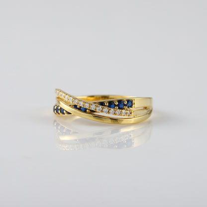 Blue Sapphire Lab Ground Round Diamond Criss Cross Engagement Ring