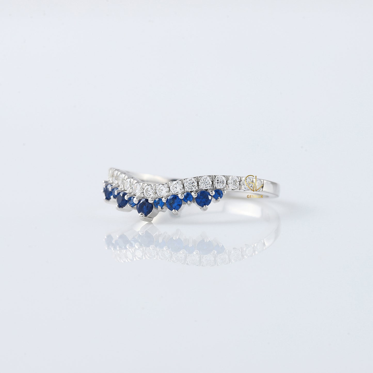 Blue Sapphire Round Cut Lab Grown Diamond Curved Band