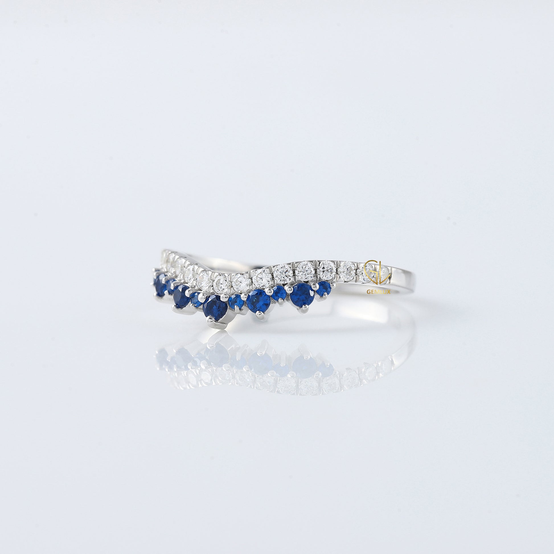 Blue Sapphire Round Cut Lab Grown Diamond Curved Band