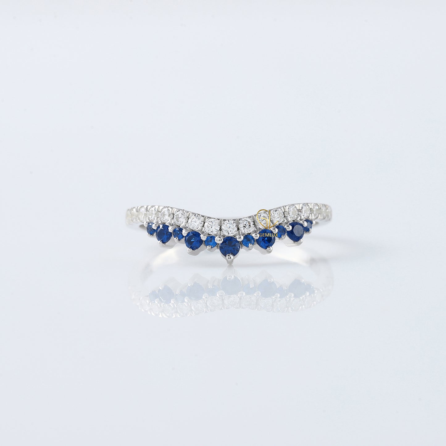 Blue Sapphire Round Cut Lab Grown Diamond Curved Band