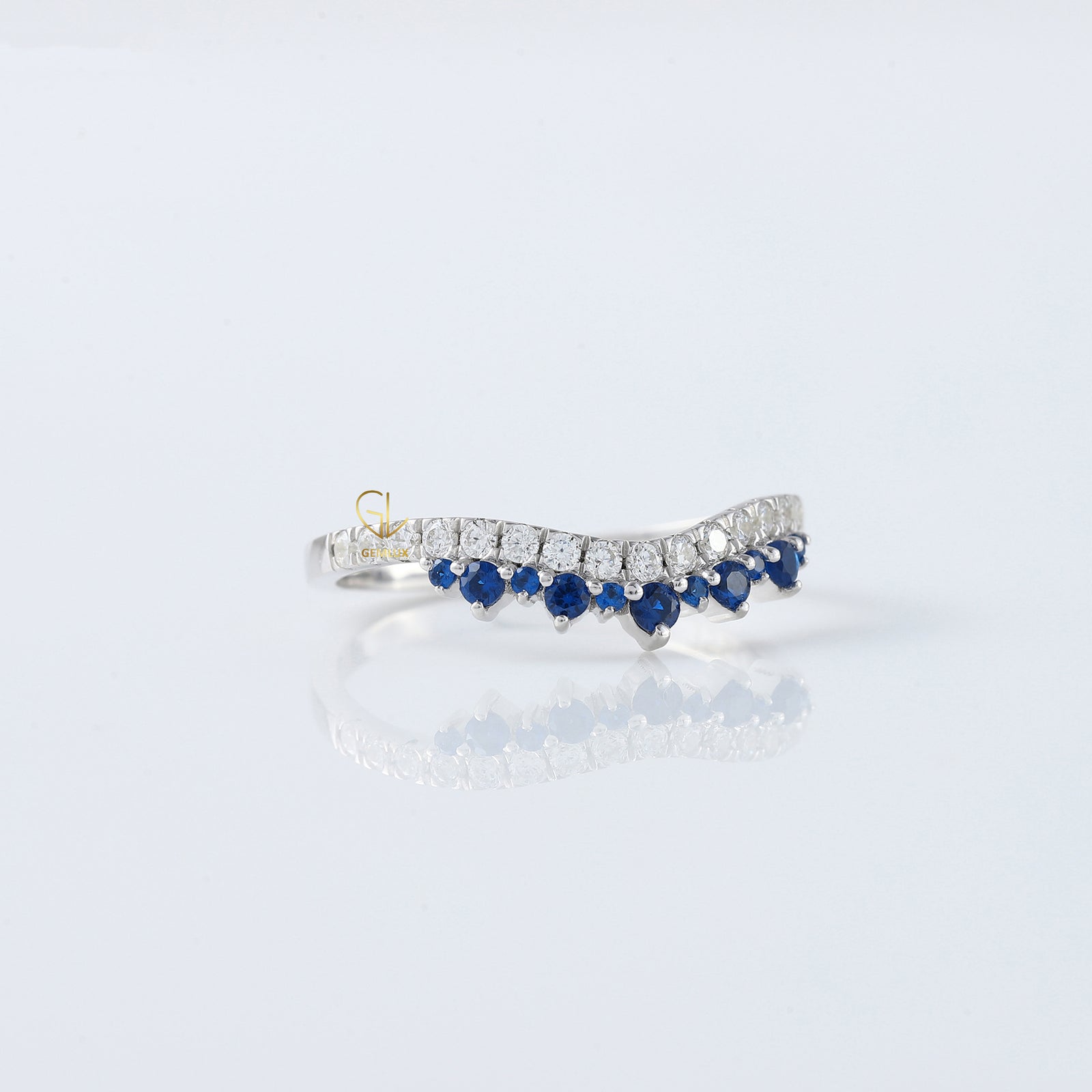 Blue Sapphire Round Cut Moissanite Diamond Chevron Band