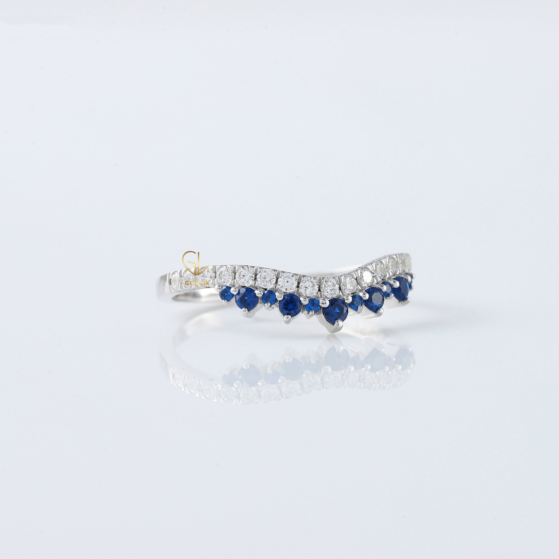 Blue Sapphire Round Cut Moissanite Diamond Chevron Band