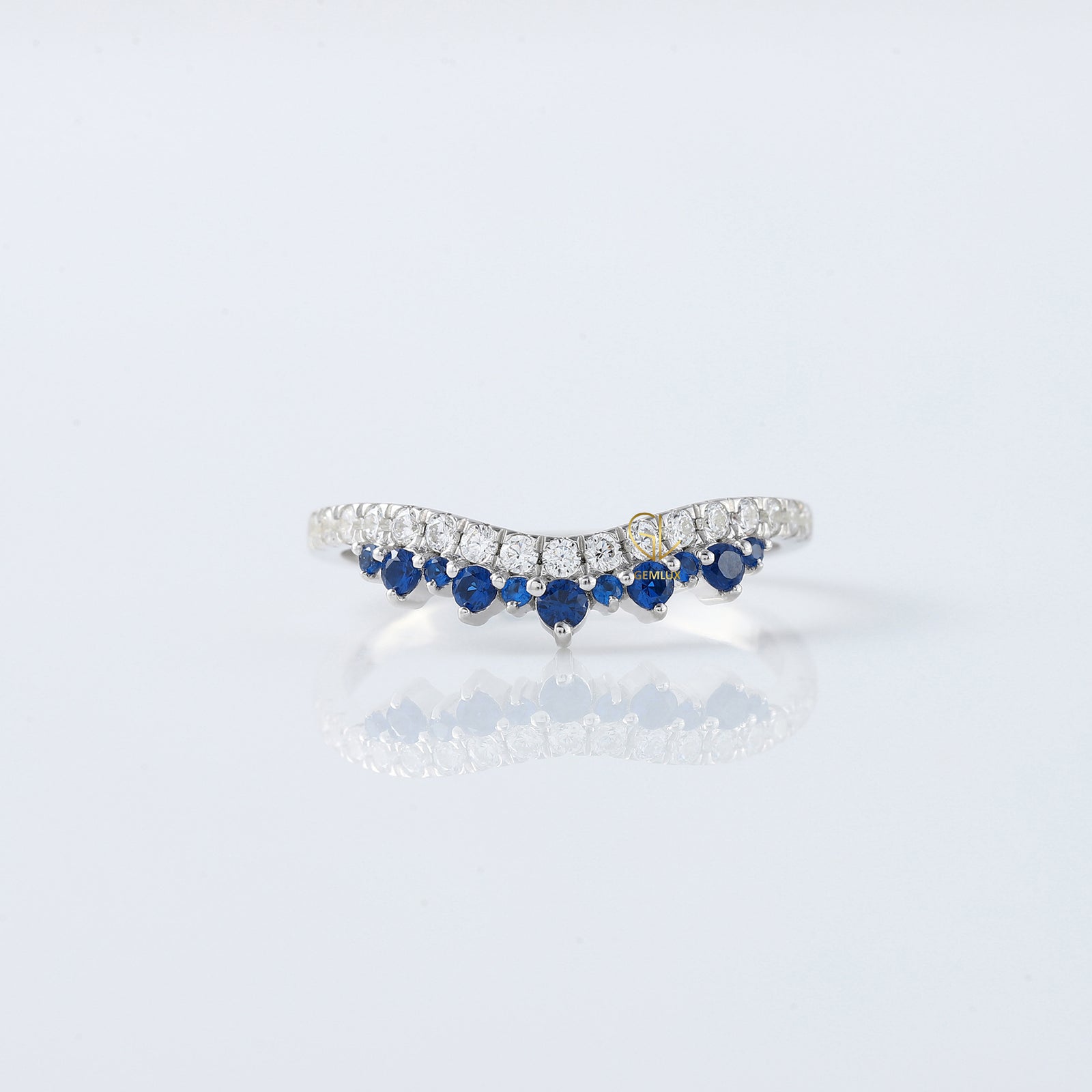 Blue Sapphire Round Cut Moissanite Diamond Chevron Band