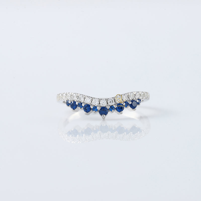Blue Sapphire Round Cut Moissanite Diamond Chevron Band