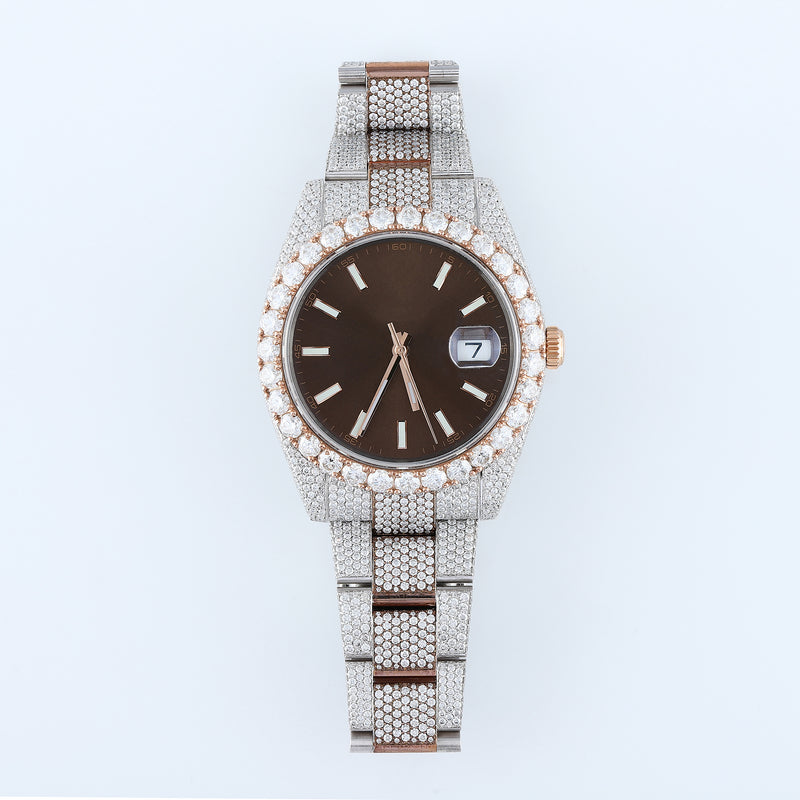 Brown Dial Oyster Belt Iced Out D VVS Moissanite Diamond Hip Hop Watch