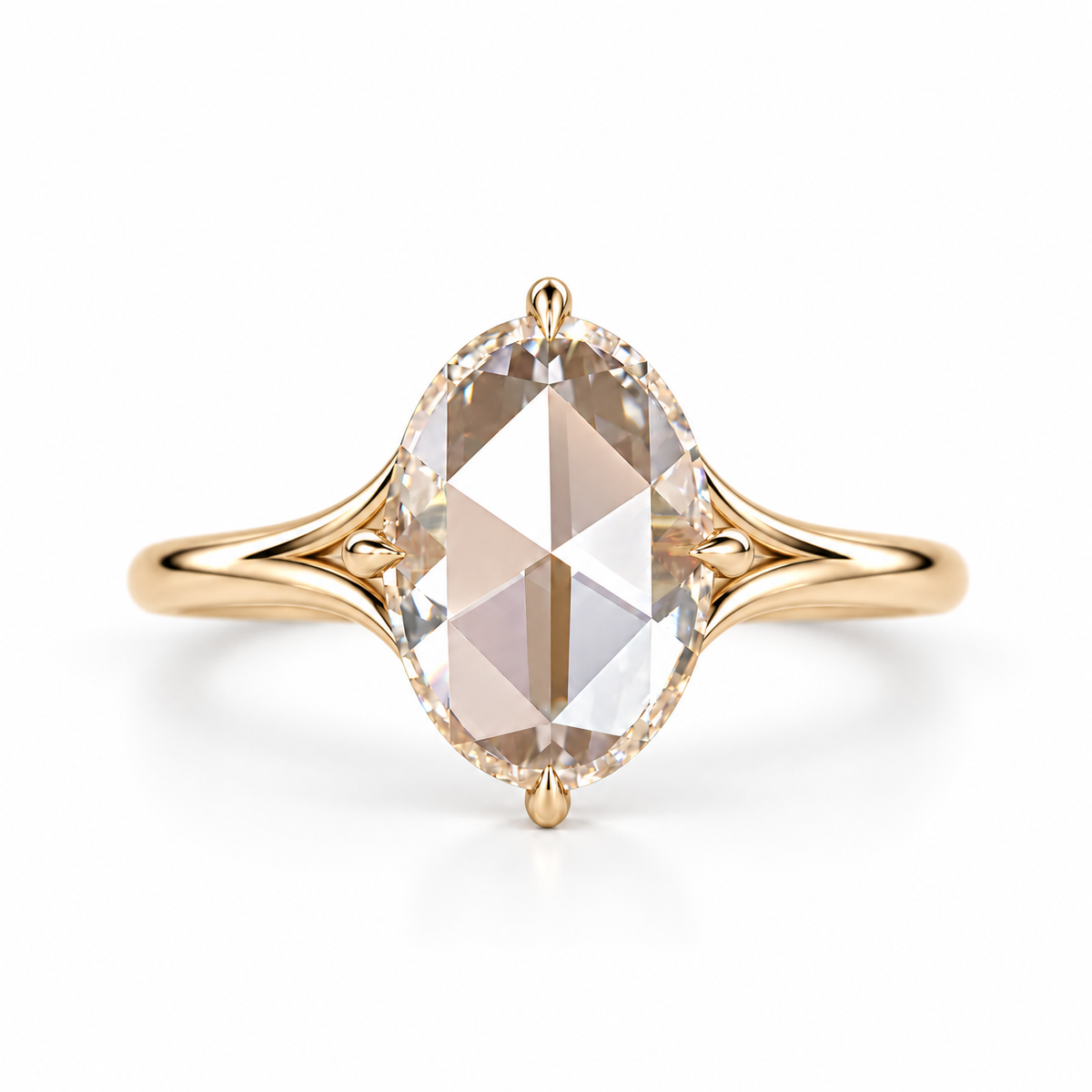 Oval rose-cut lab-grown diamond solitaire engagement ring with a four-prong compass setting and sculpted white-metal band