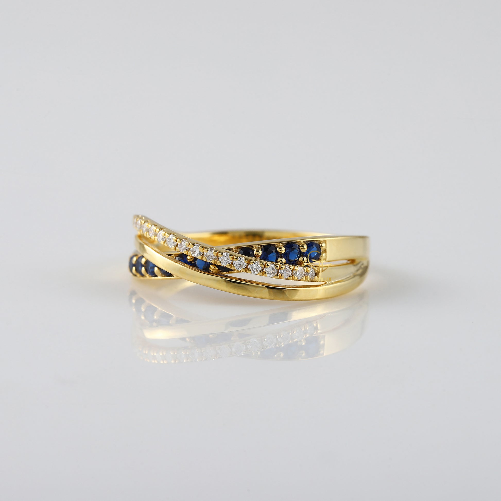 Criss Cross Blue Sapphire Moissanite Engagement Ring