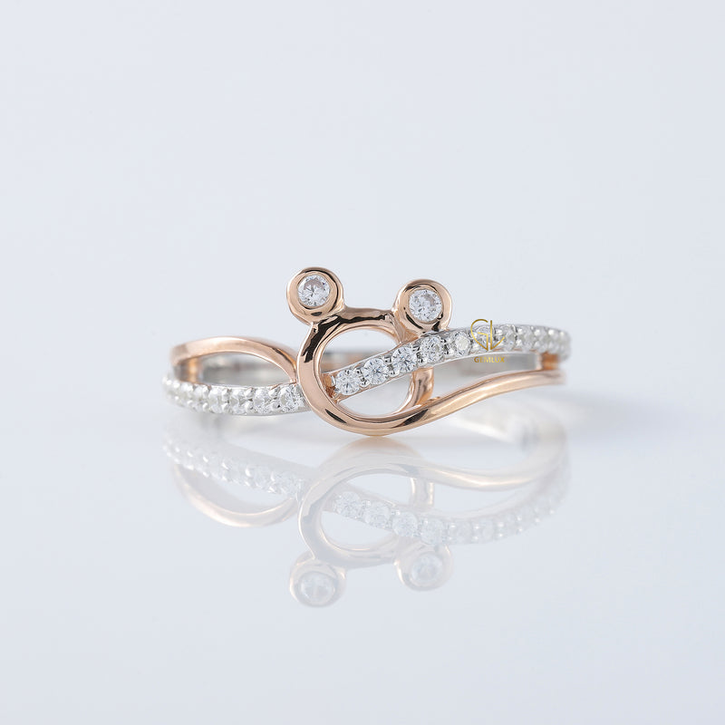 Cross Over Two Tone Minnie Mickey Mouse Face Moissanite Ring