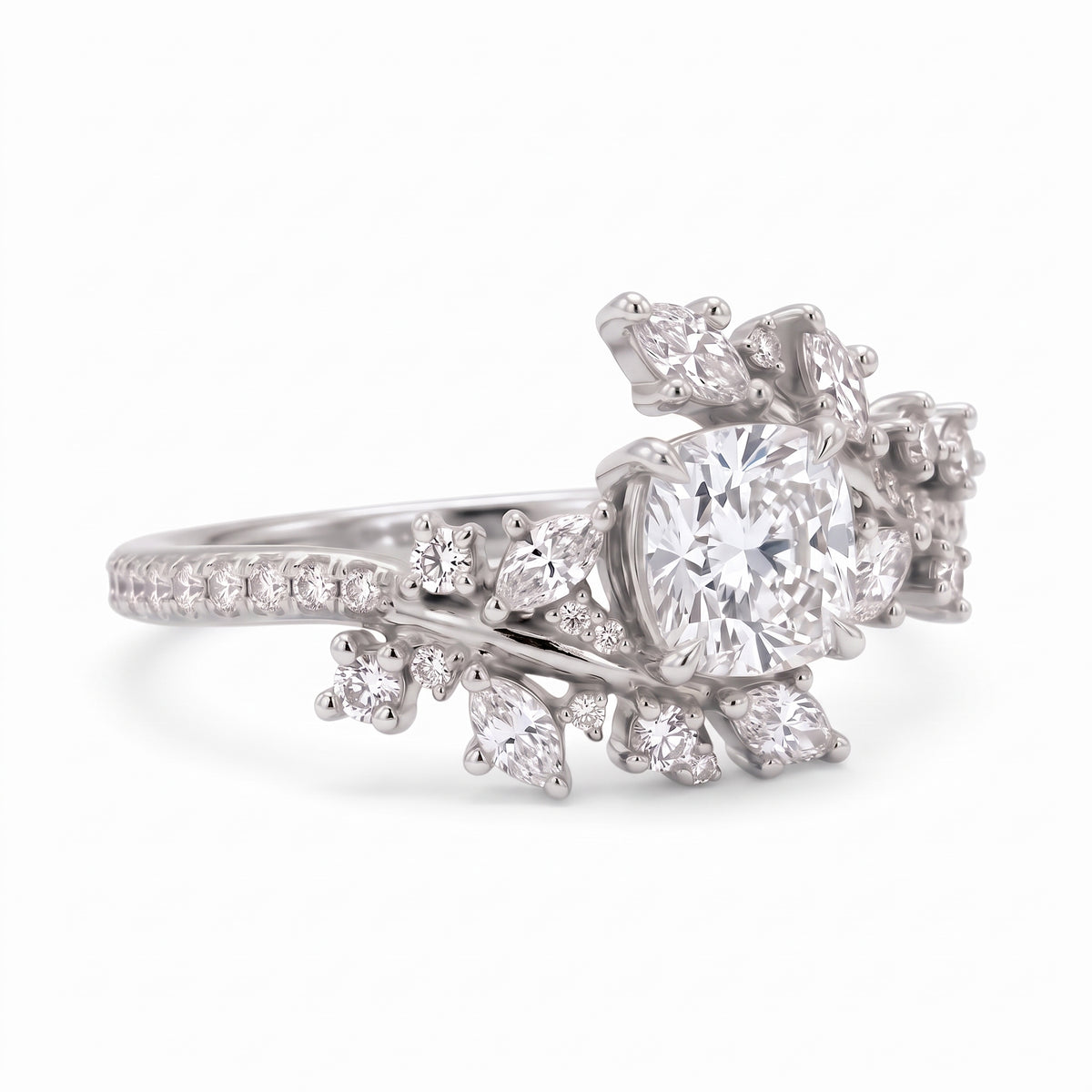 Cushion cut lab grown diamond floral vine engagement ring with marquise leaf accents in rose gold