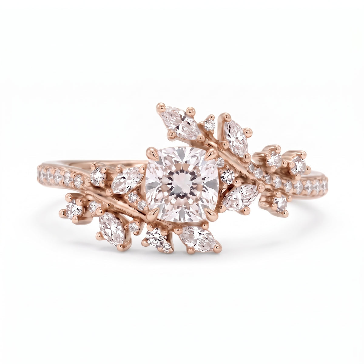 Cushion cut lab grown diamond floral vine engagement ring with marquise leaf accents in rose gold