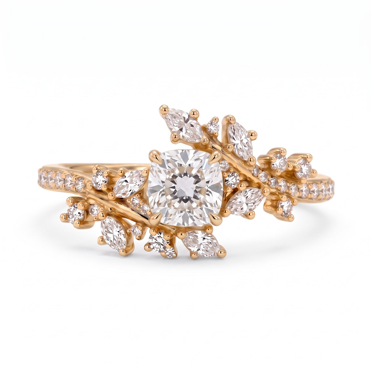 Cushion cut lab grown diamond floral vine engagement ring with marquise leaf accents in rose gold