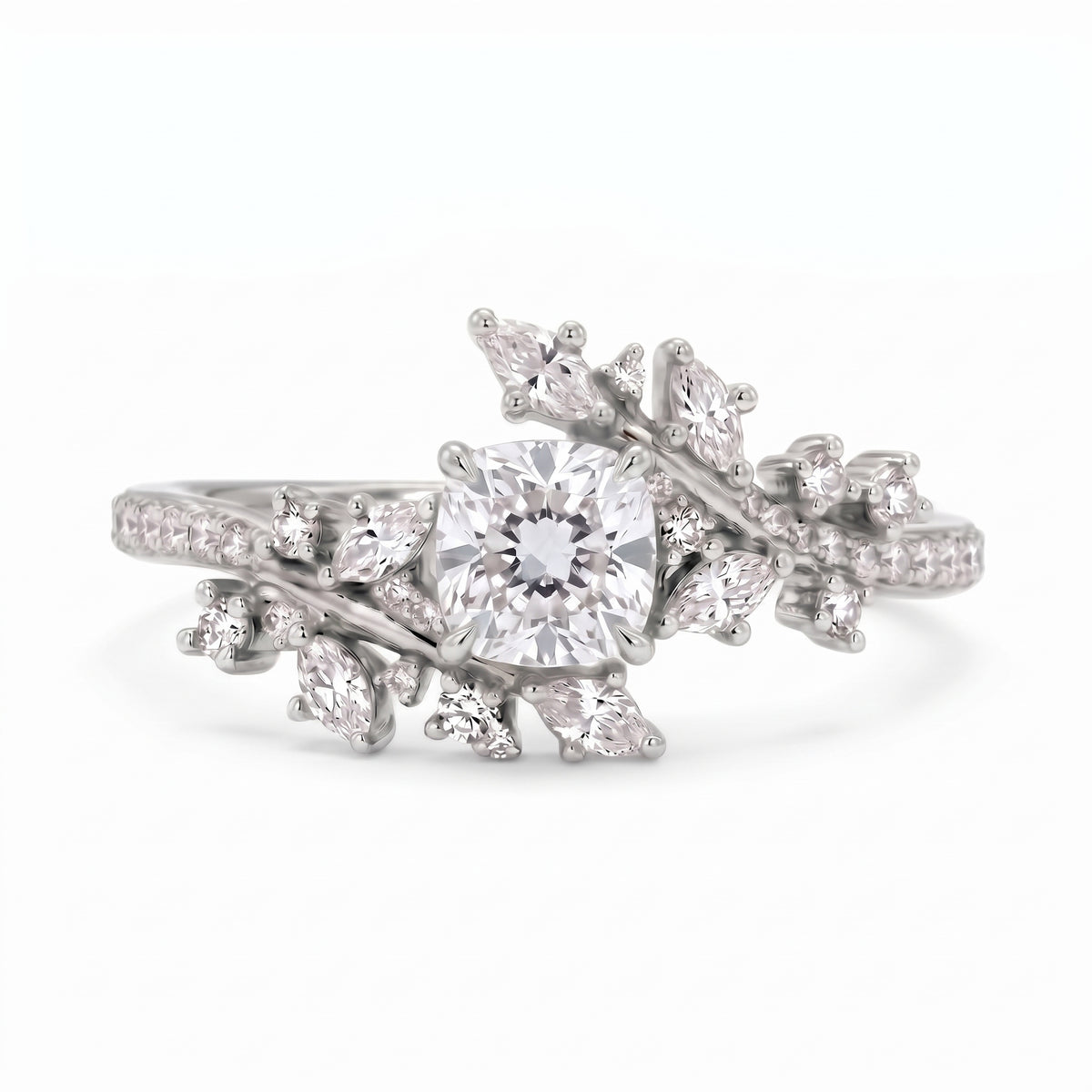 Cushion cut lab grown diamond floral vine engagement ring with marquise leaf accents in rose gold