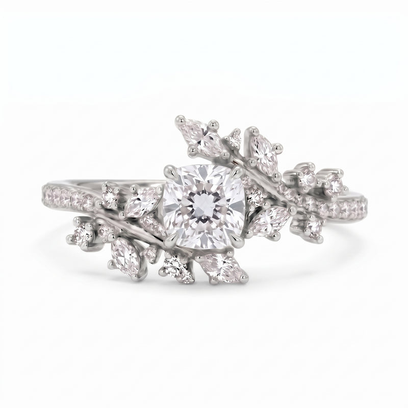 Cushion Cut Lab Grown Diamond Engagement Ring Floral Vine Nature Inspired Gold Ring