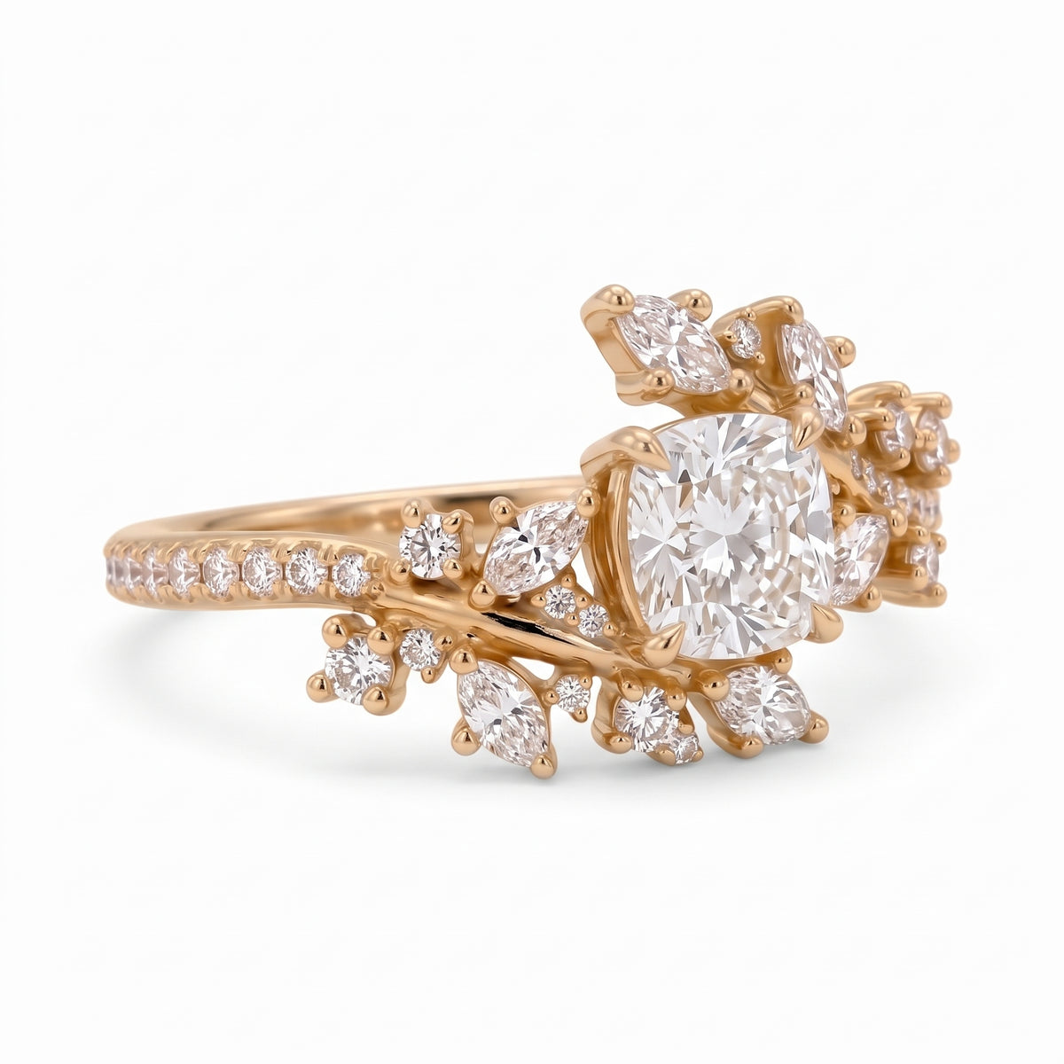 Cushion cut lab grown diamond floral vine engagement ring with marquise leaf accents in rose gold