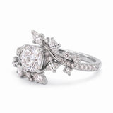 Cushion cut lab grown diamond floral vine engagement ring with marquise leaf accents in rose gold