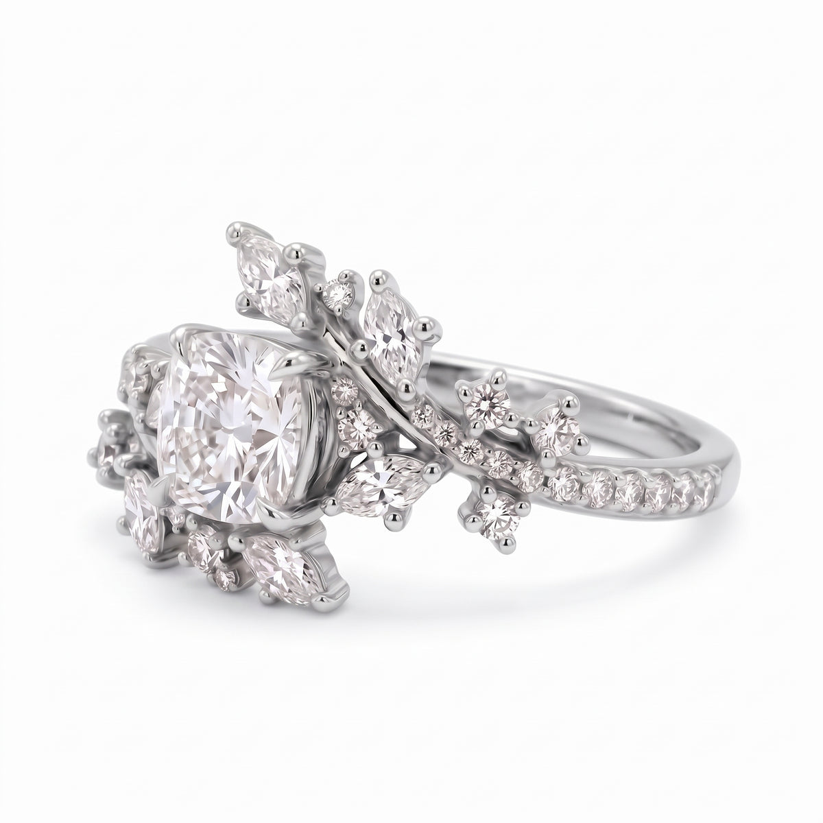 Cushion cut lab grown diamond floral vine engagement ring with marquise leaf accents in rose gold