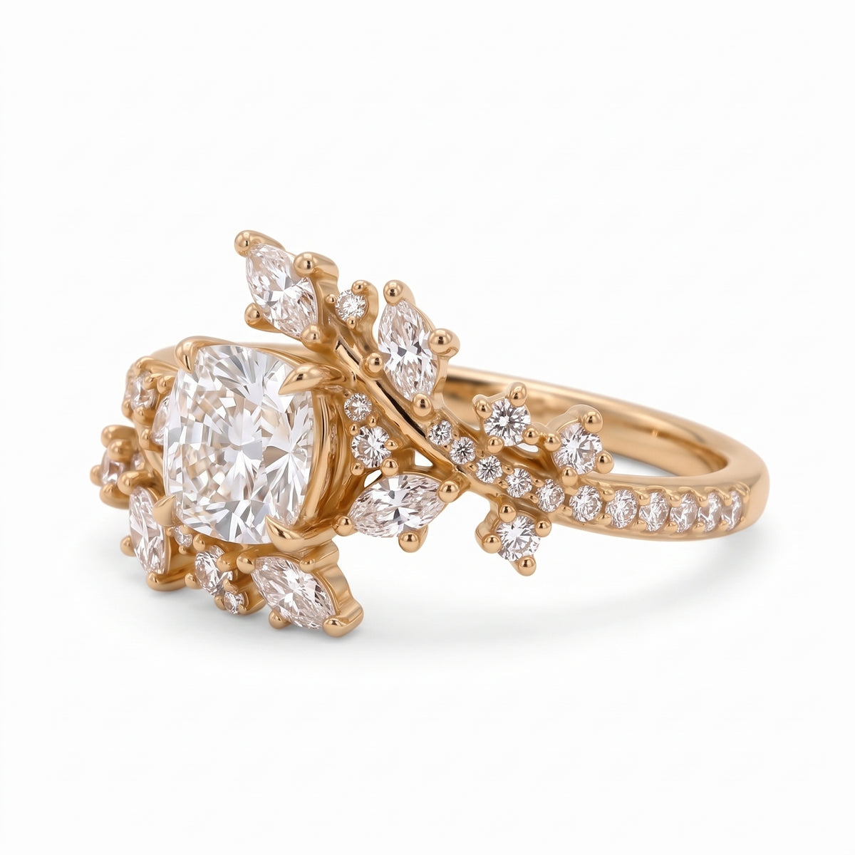 Cushion cut lab grown diamond floral vine engagement ring with marquise leaf accents in rose gold