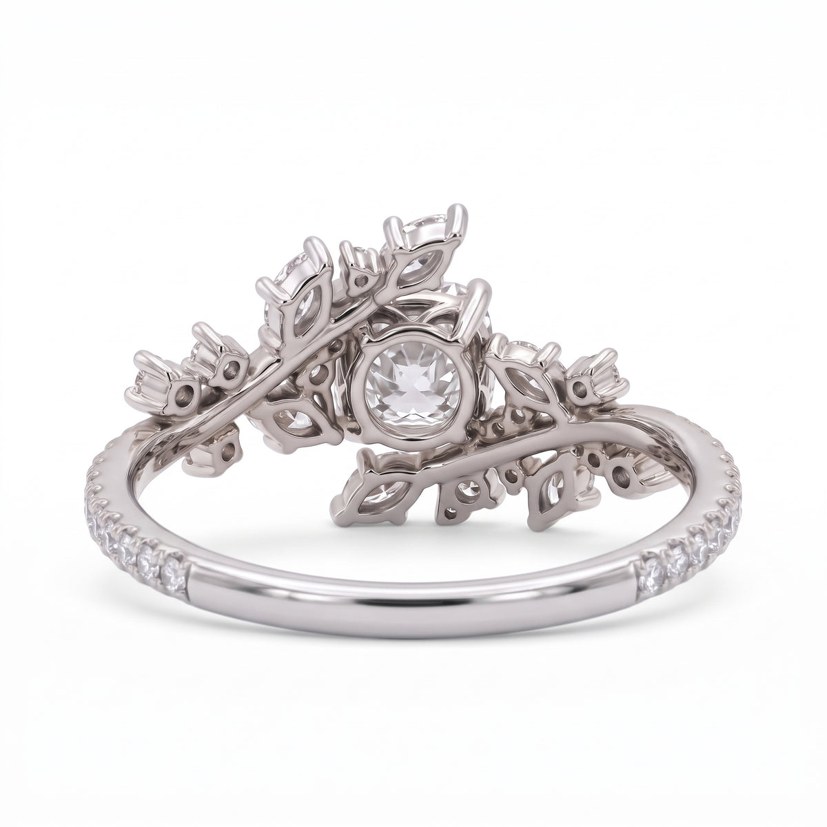Cushion cut lab grown diamond floral vine engagement ring with marquise leaf accents in rose gold