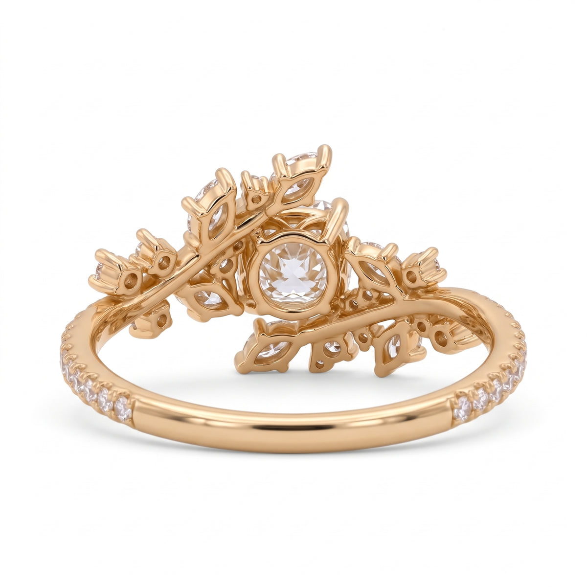 Cushion cut lab grown diamond floral vine engagement ring with marquise leaf accents in rose gold