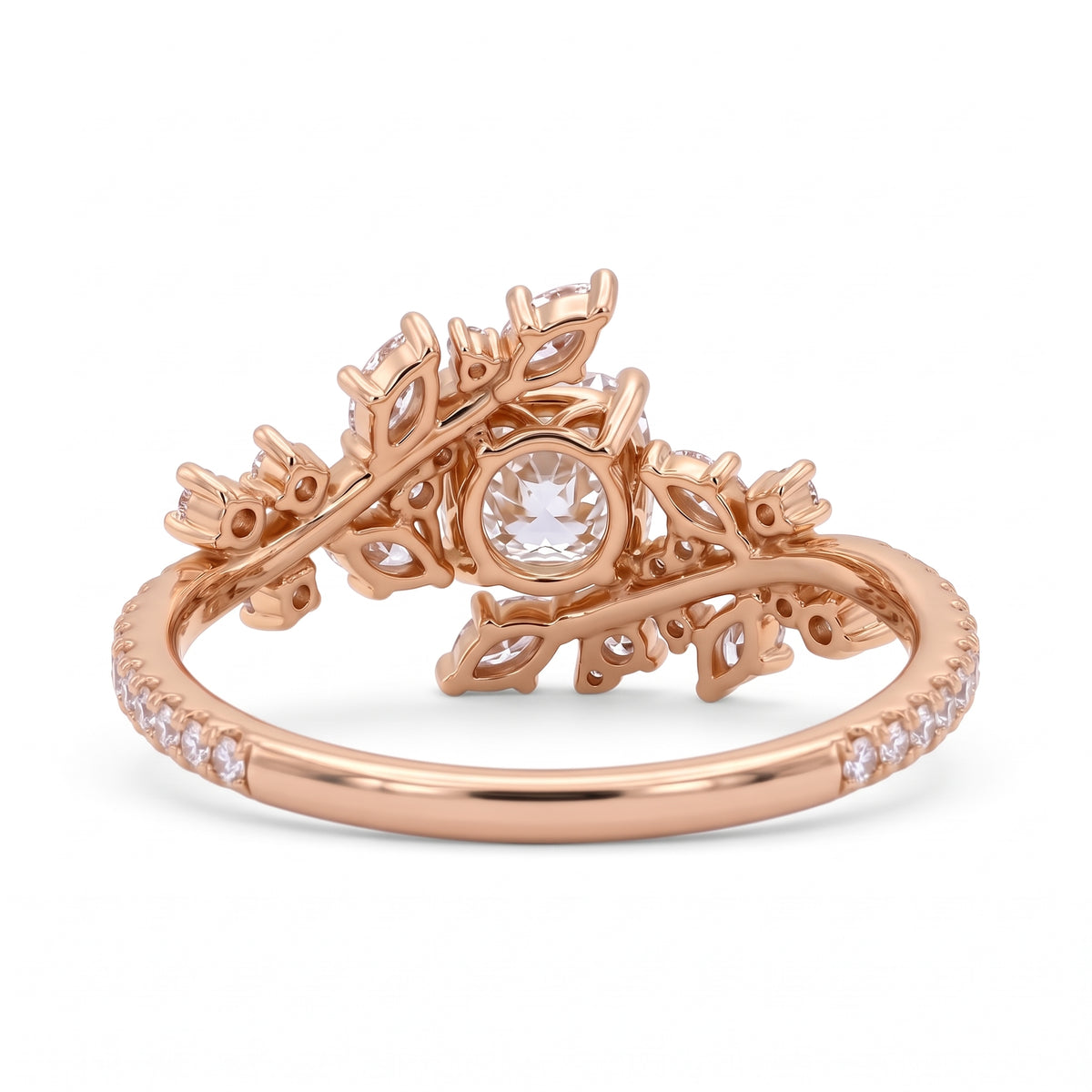 Cushion cut lab grown diamond floral vine engagement ring with marquise leaf accents in rose gold