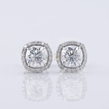 Cushion Cut Lab Grown Diamond Halo Stud Earrings