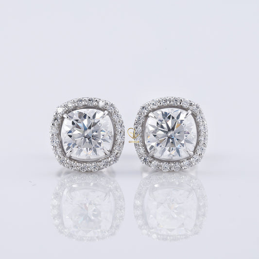 Cushion Cut Lab Grown Diamond Halo Stud Earrings
