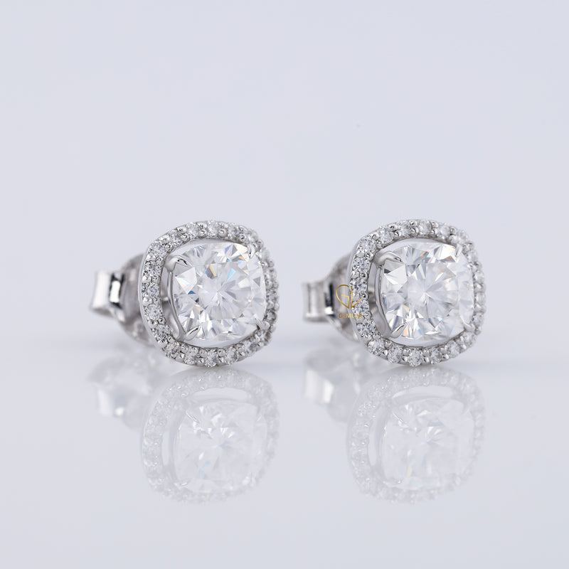 Cushion Cut Lab Grown Diamond Halo Stud Earrings