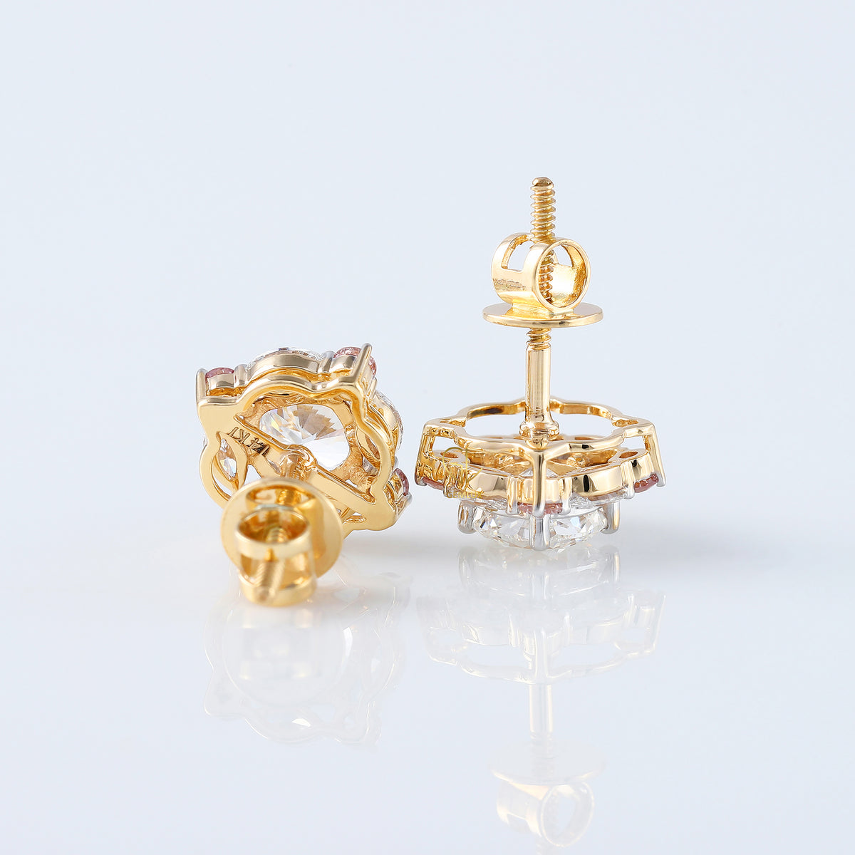 Cushion Cut Lab Grown Halo Stud Earrings with Marquise & Pink Round Diamonds