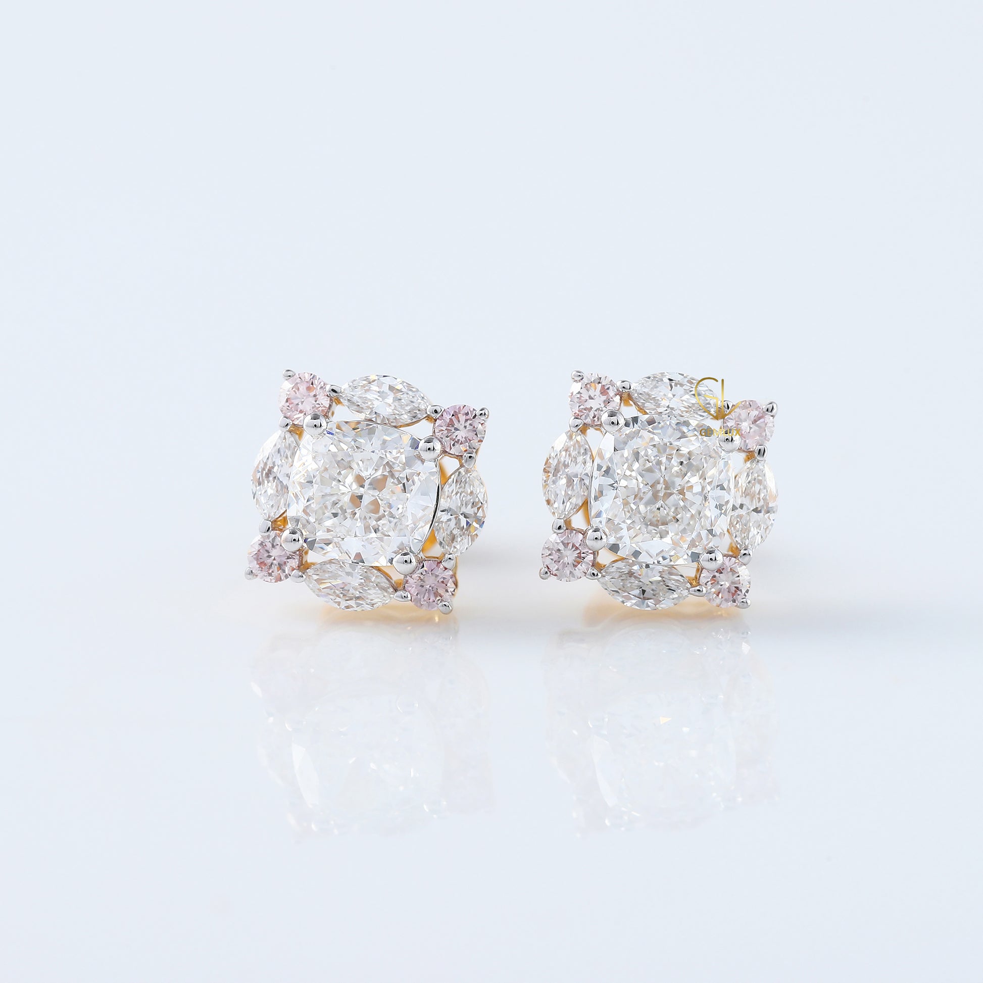 Cushion Cut Lab Grown Halo Stud Earrings with Marquise & Pink Round Diamonds