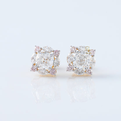 Cushion Cut Lab Grown Halo Stud Earrings with Marquise & Pink Round Diamonds