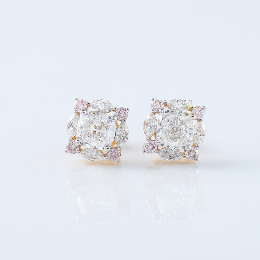 Cushion Cut Lab Grown Halo Stud Earrings with Marquise & Pink Round Diamonds