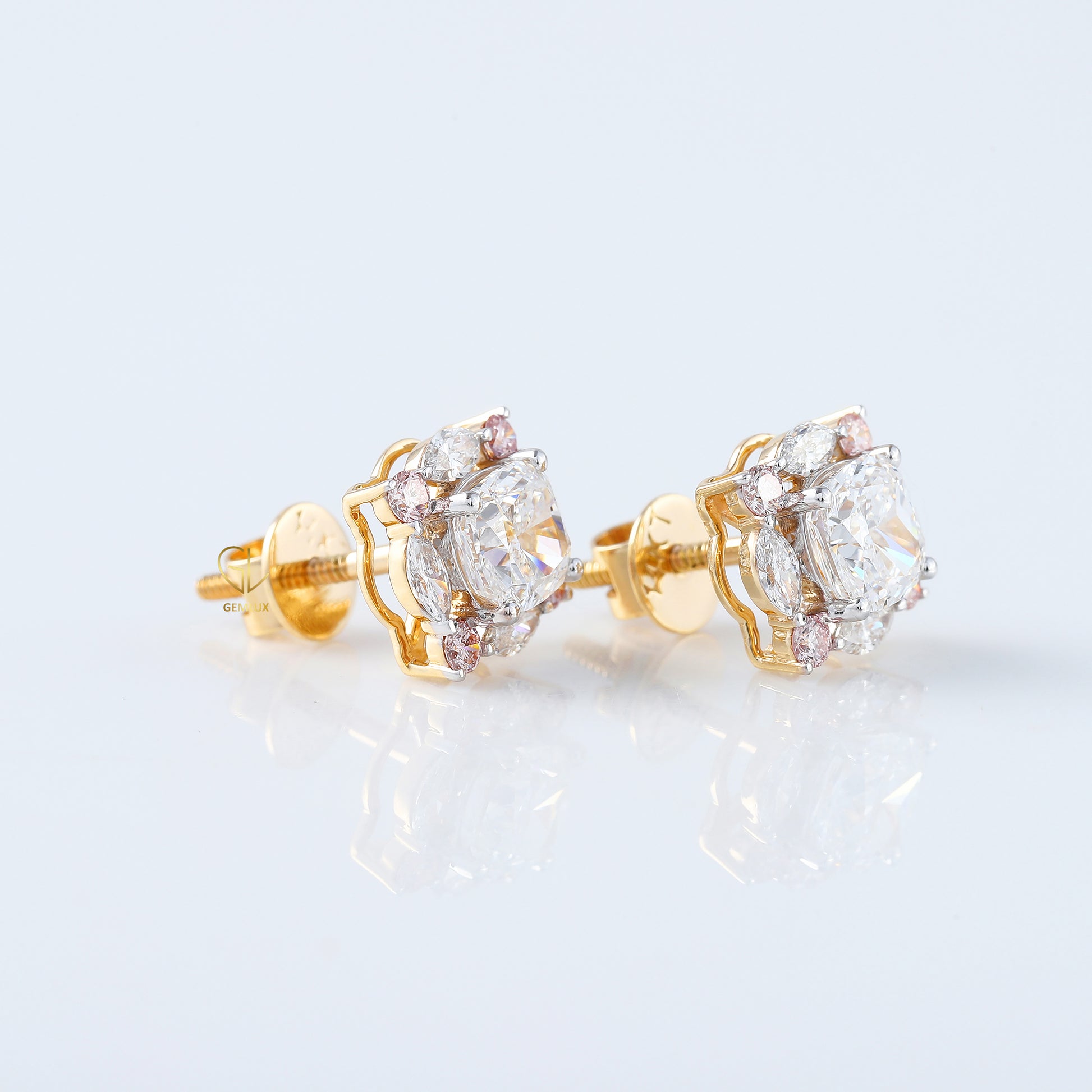 Cushion Cut Lab Grown Halo Stud Earrings with Marquise & Pink Round Diamonds