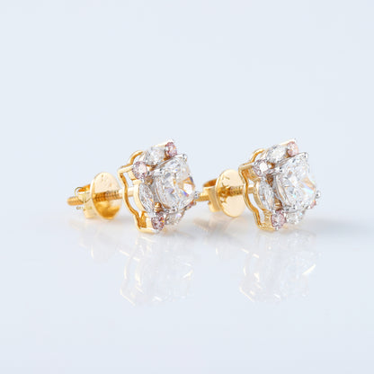 Cushion Cut Lab Grown Halo Stud Earrings with Marquise & Pink Round Diamonds