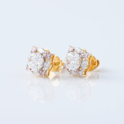 Cushion Cut Lab Grown Halo Stud Earrings with Marquise & Pink Round Diamonds
