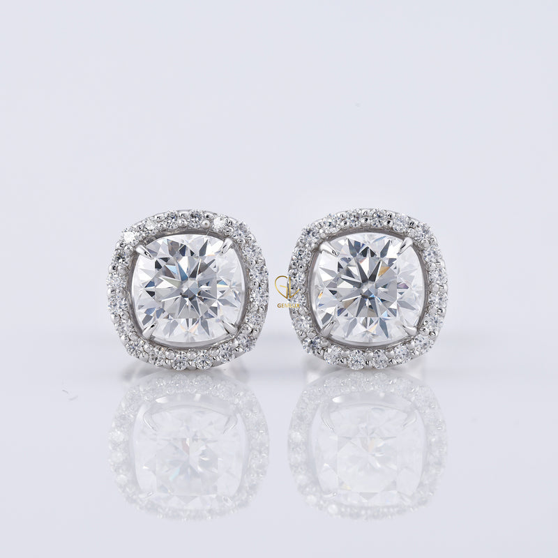 Cushion Cut Moissanite Halo Stud Earrings