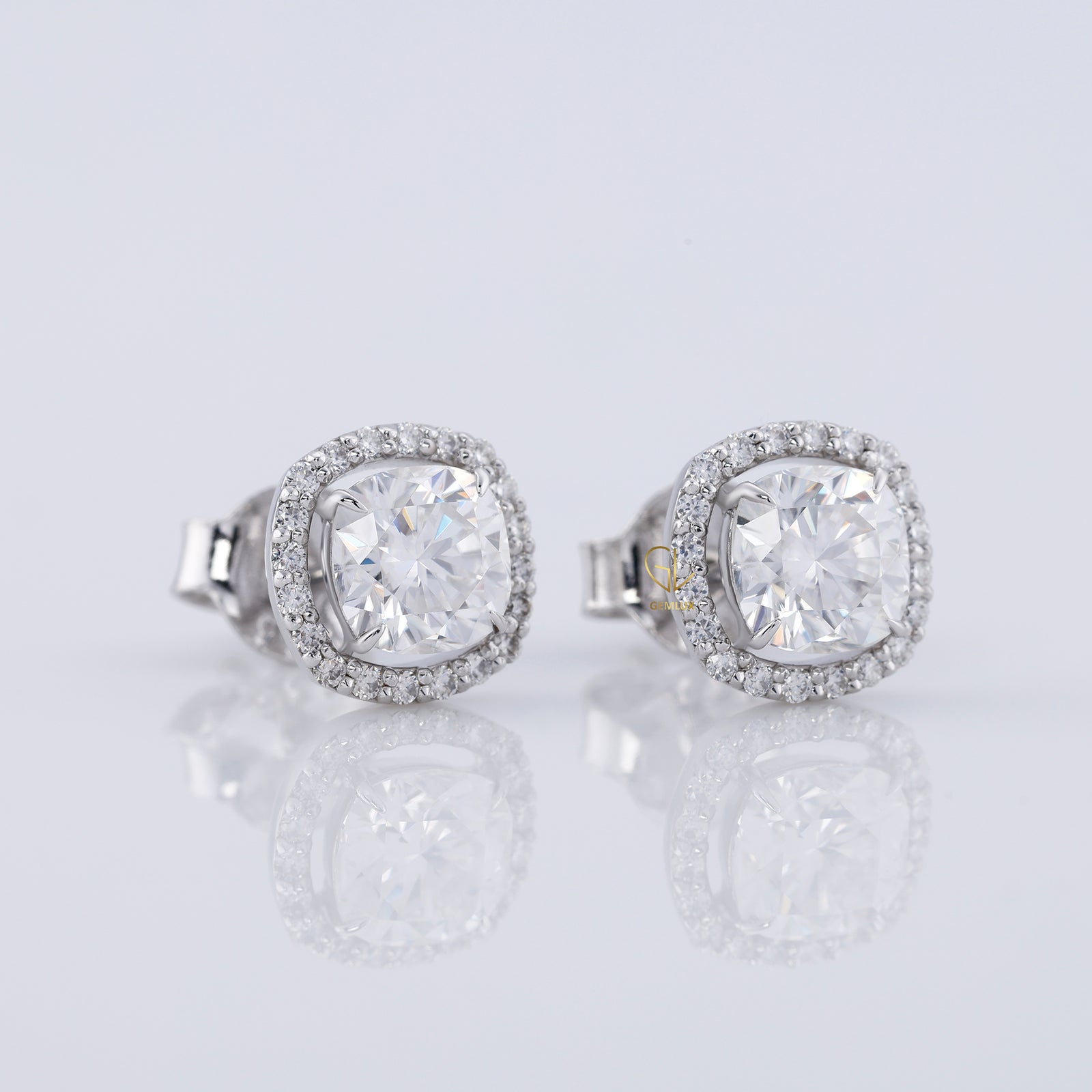 Cushion Cut Moissanite Halo Stud Earrings