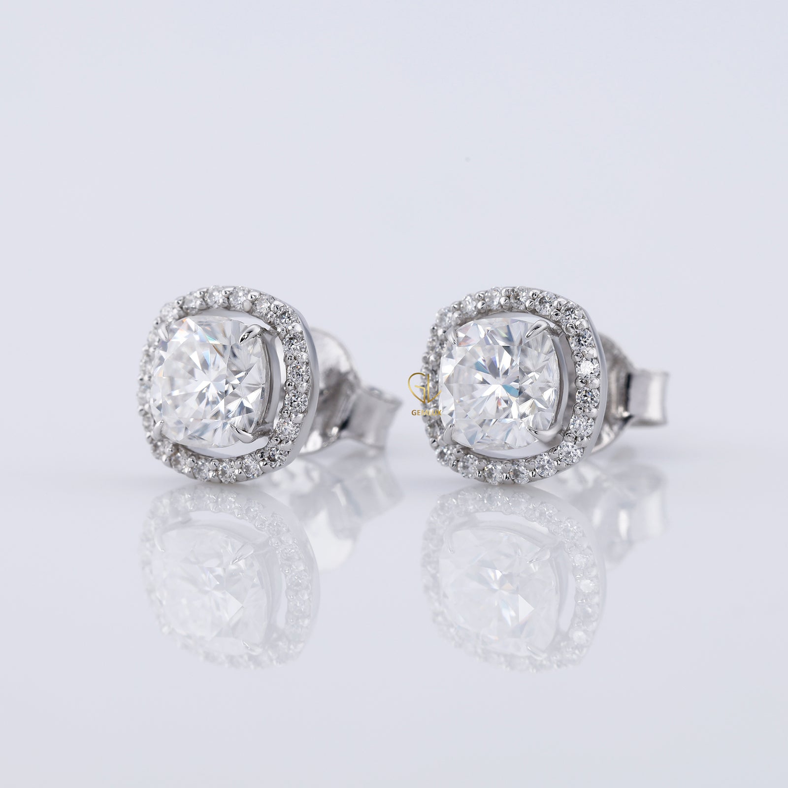 Cushion Cut Moissanite Halo Stud Earrings