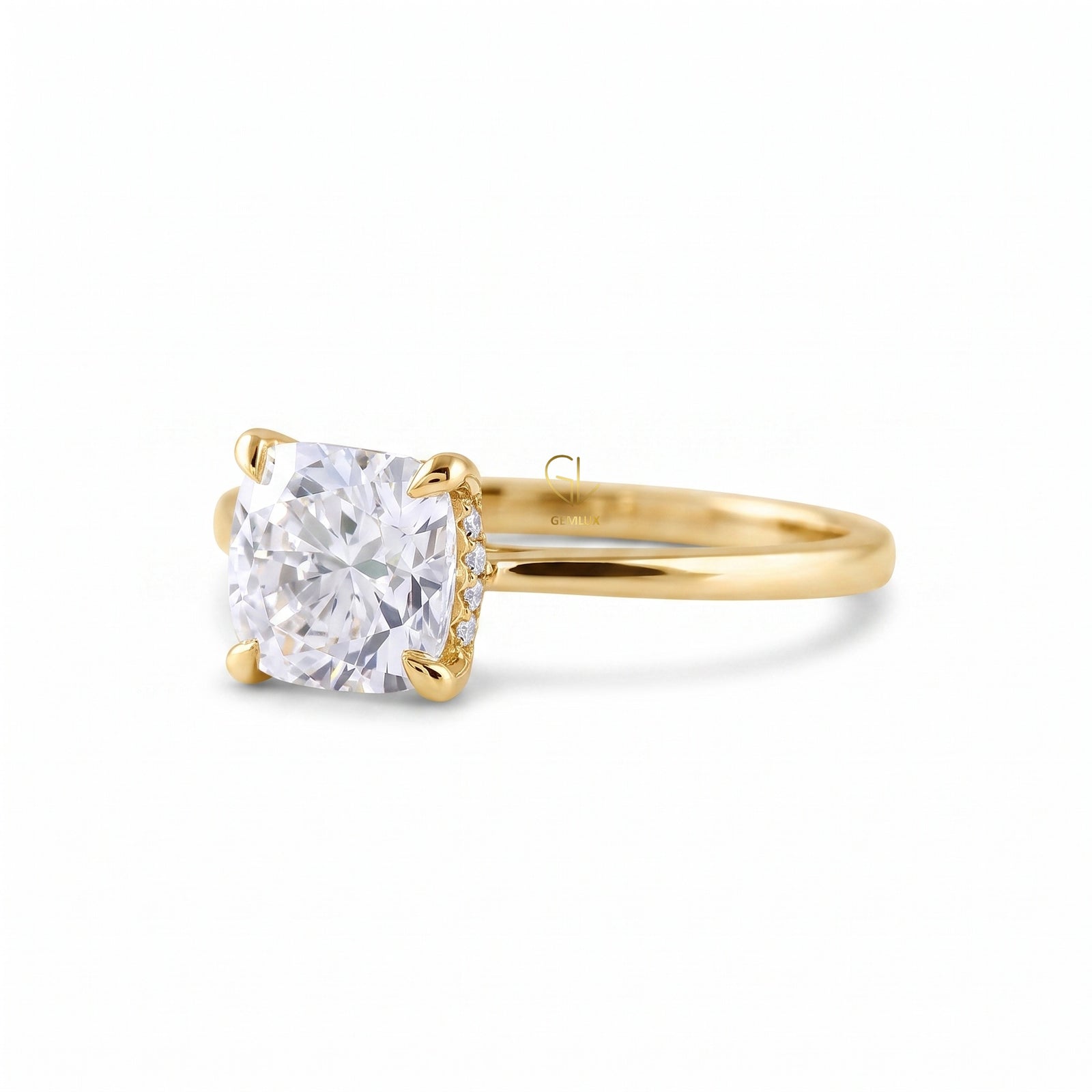 Cushion Moissanite Solitaire Hidden Halo Engagement Ring