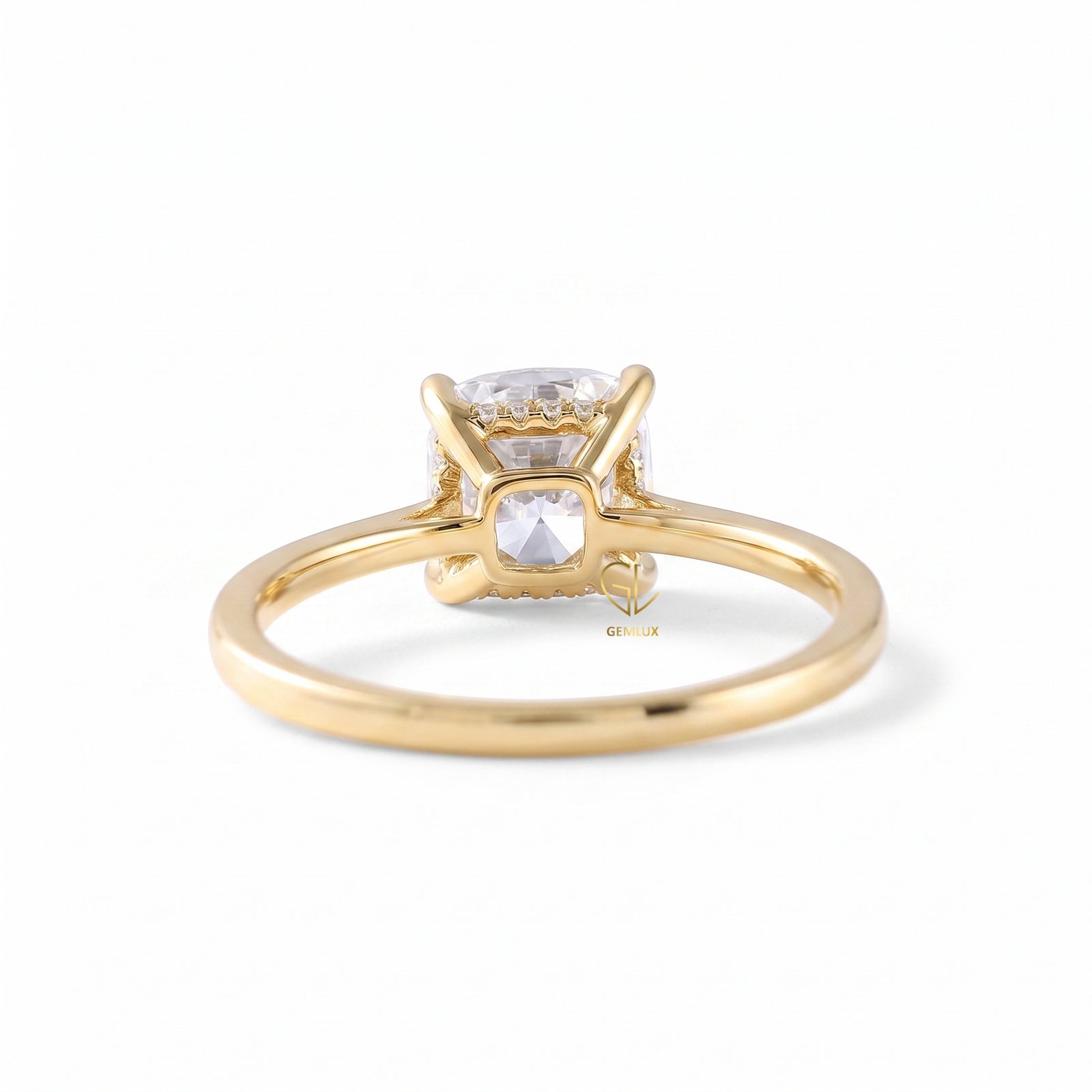Cushion Moissanite Solitaire Hidden Halo Engagement Ring