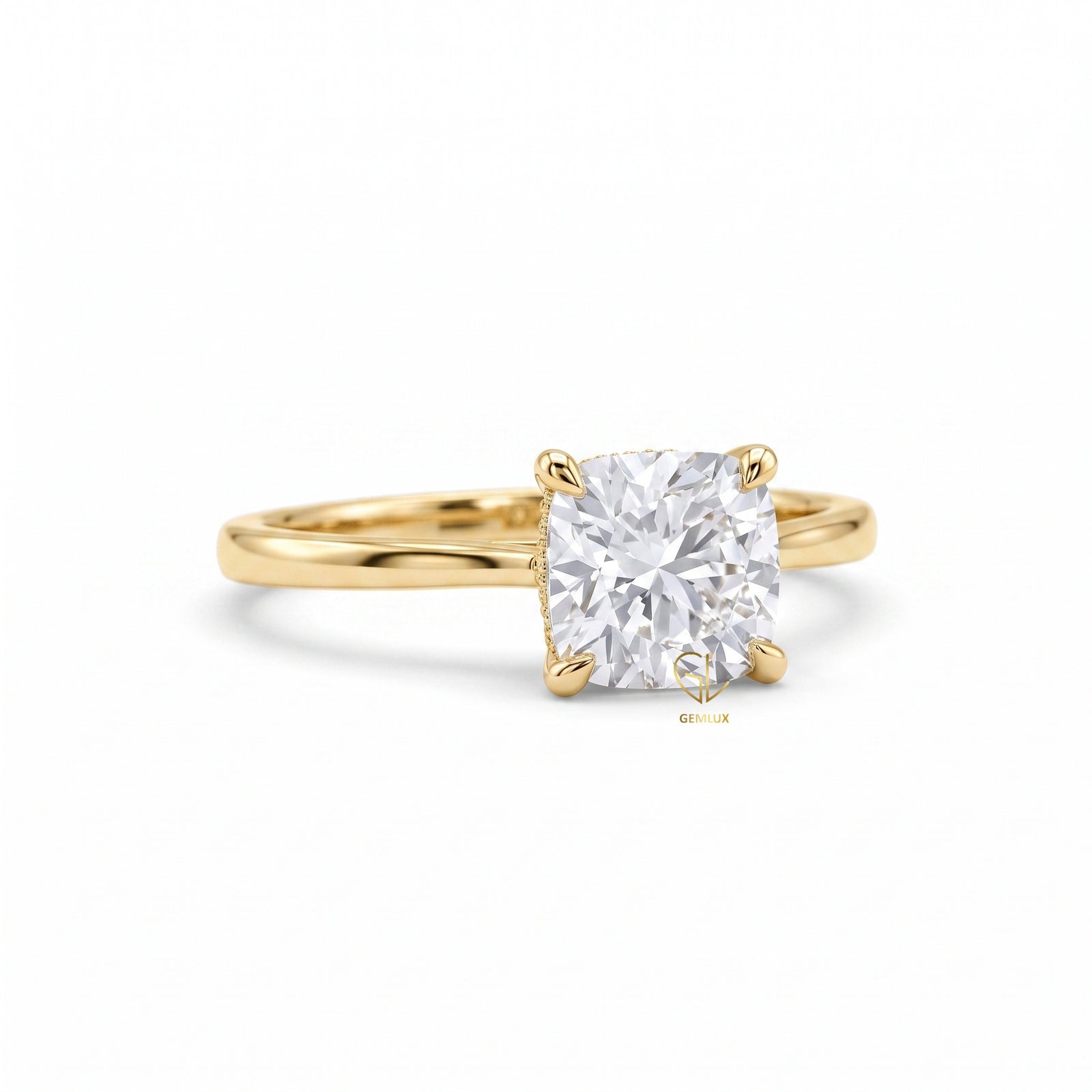 Cushion Moissanite Solitaire Hidden Halo Engagement Ring