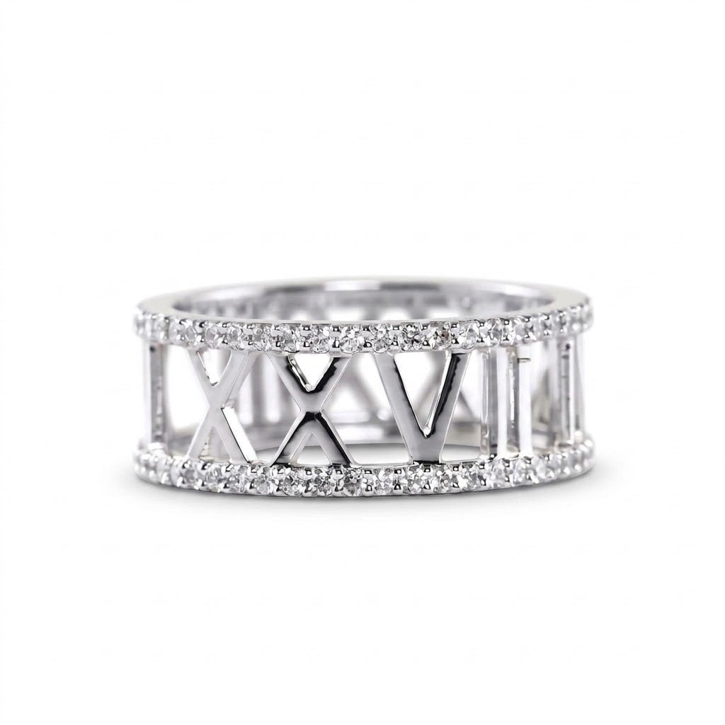 Custom Roman numeral wedding date lab grown diamond ring with pavé diamond borders