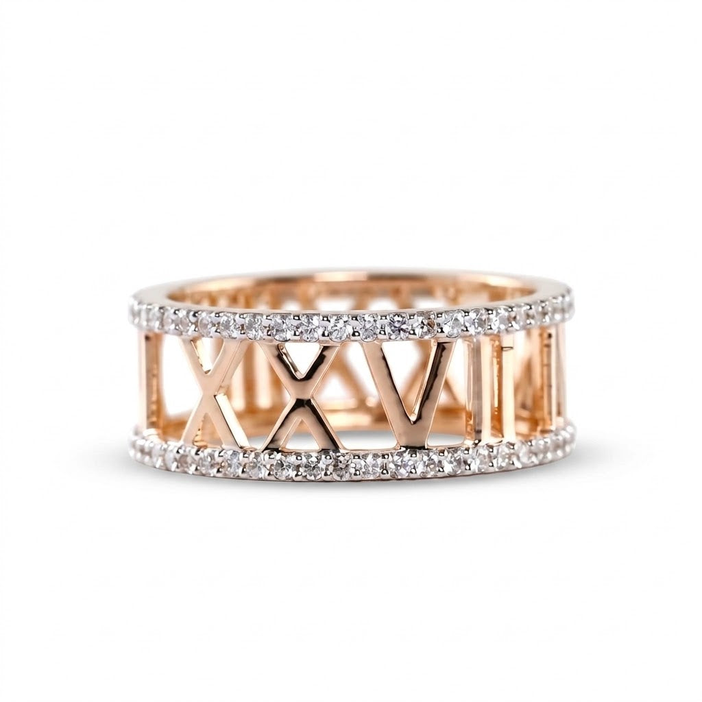 Custom Roman numeral wedding date lab grown diamond ring with pavé diamond borders