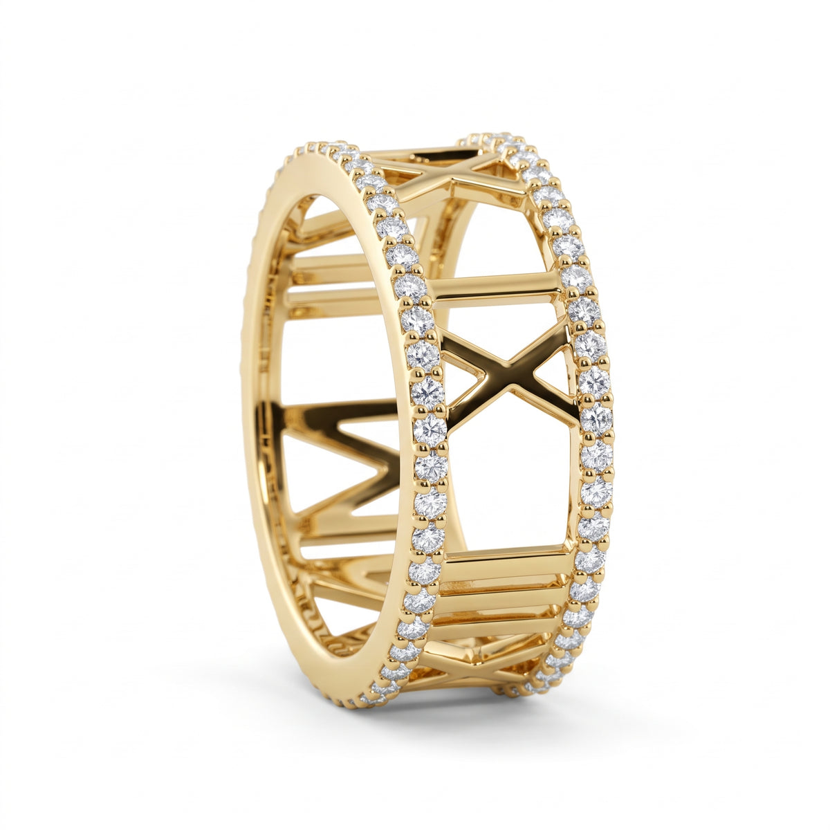 Custom Roman numeral wedding date lab grown diamond ring with pavé diamond borders