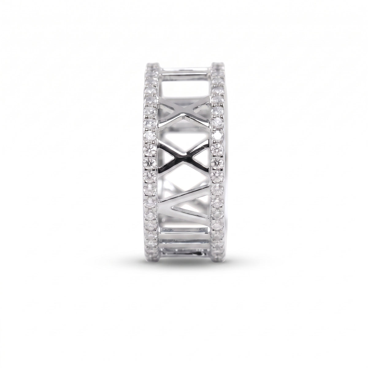 Custom Roman numeral wedding date lab grown diamond ring with pavé diamond borders