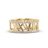 Custom Roman numeral wedding date lab grown diamond ring with pavé diamond borders