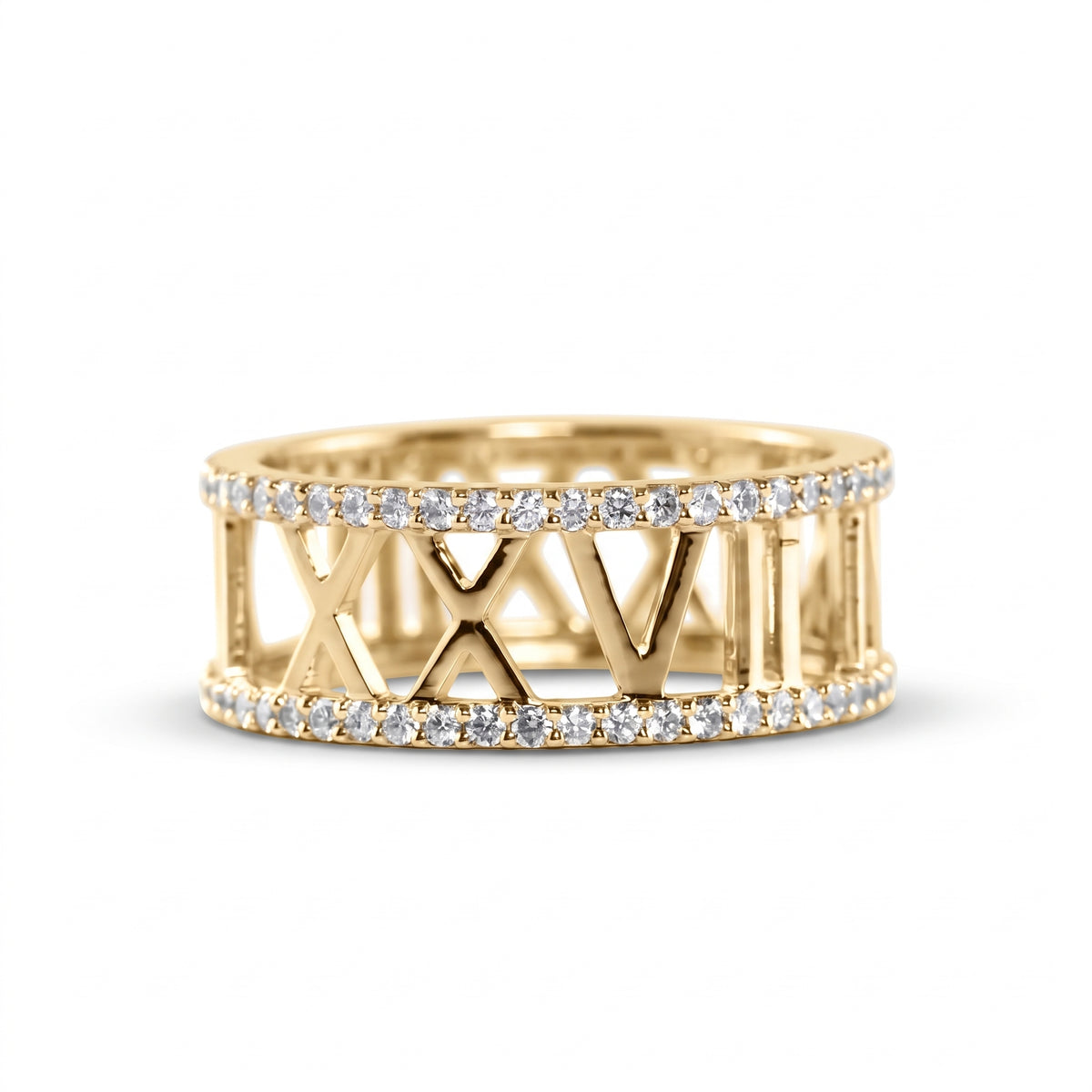 Custom Roman numeral wedding date lab grown diamond ring with pavé diamond borders
